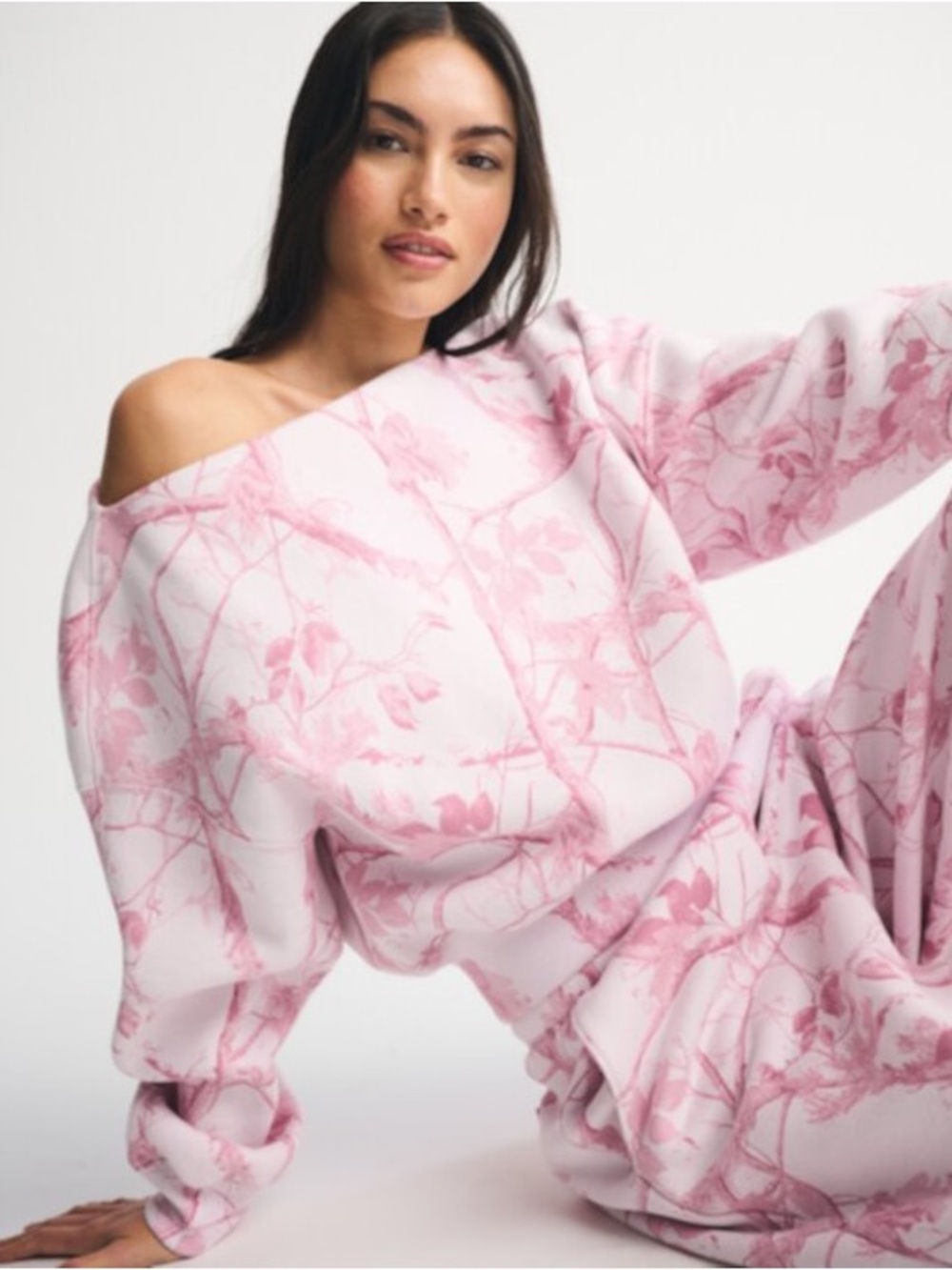 Abercrombie & Fitch Pink Camo Sunday Slash Off-The-Shoulder Sweatshirt - Size M